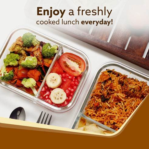 Elite Two Compartment Lunch Container, Borosilicate Glass Body, Leak proof Locking  Lid, , Airtight Tiffin Containers, Microwave Oven Safe, 600Ml, Transparent